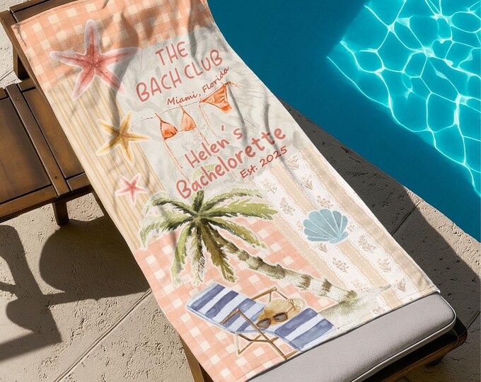 Featured listing image: Custom Bridal Bachelorette The Bach Club Beach Towel, Personalized Beach Towel for Bachelorette Party, Gifts for Beach Group, Girl Trip