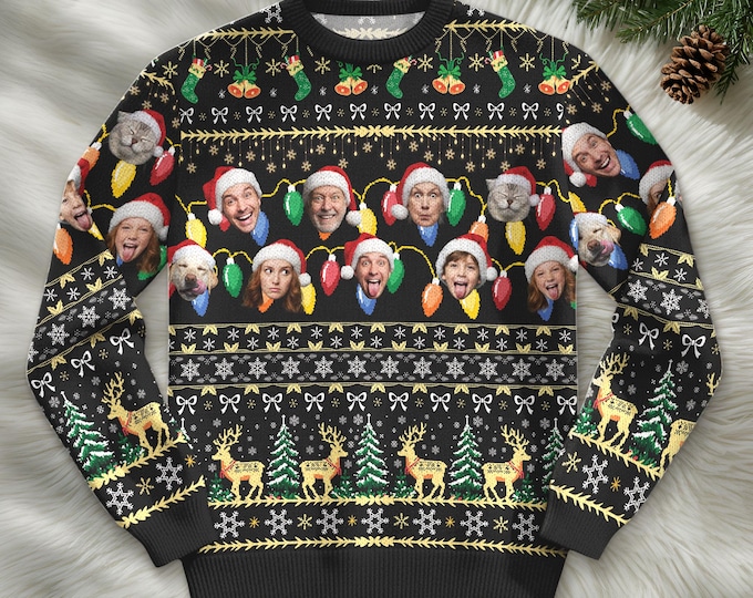 Custom Face Family Christmas Sweater for Men, Women & Kids, Custom Pet Ugly Sweatshirt with Photo, Funny Christmas Jumper Trending Holiday