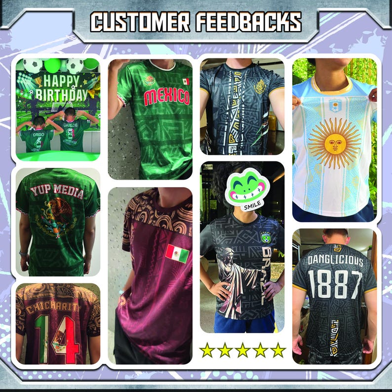 May include: A collage of customer feedback images featuring various soccer jerseys with different designs and team logos. The jerseys are in green, black, blue, and red with various team names and logos, including "Mexico", "Yup Media", "Chicharito", "Danglicious 1887", and "Smile".