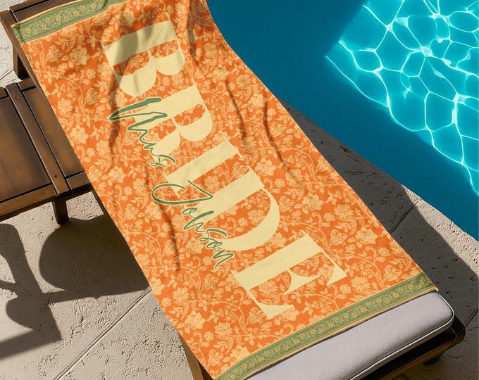 Custom Name Bride Beach Towel, Personalized Bride Beach Towel, Bachelorette Pool Towel, Vacation Gift, Wedding Beach Towel, Mrs. Beach Towel