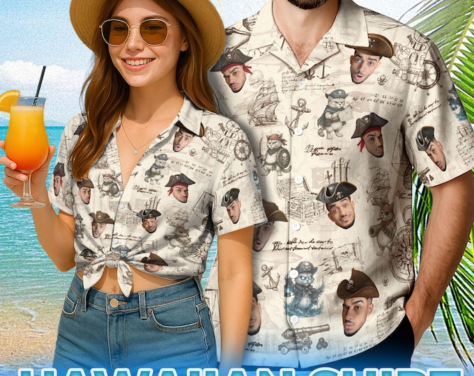 Custom Pirate Hawaii Shirt For Men, Cat Hawaiian Shirt, Skull Pirate Mens Womens Hawaiian Shirts, Personalized Gift For Pirate Lovers