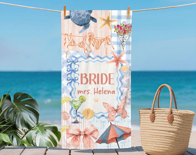 Custom Bride Beach Towel, Personalized Beach Towel for Bachelorette Party at Beach, Bachelorette Gifts for Beach Group, Beach Social Club