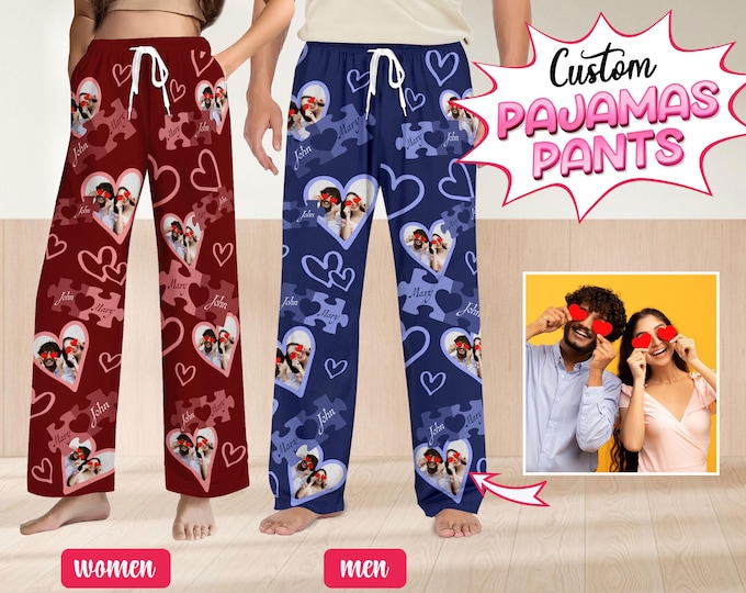 Personalized Pajamas Pants For Men Women, Custom Pajamas With Photo Dog Cat Photo, Customized Pjs Bottoms Gift For Couple, Valentines Gifts