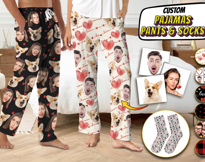 Featured listing image: Personalized Pajamas Pants For Men Women, Custom Pajamas With Photo Dog Cat Photo, Customized Pjs Bottoms Gift For Couple, Valentines Gifts