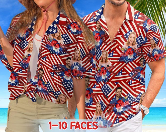 Customize 4th July Hawaiian Shirt With Face, Custom Independence Day Mens and Womens Shirts, Personalized American Flag Shirt, Face on Shirt