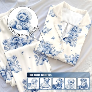 Anpassad Toile de Jouy-pyjamas för hundar, pyjamas i cottagecore-stil, pyjamasmönster med hundtryck, unika husdjursgåvor för ägare