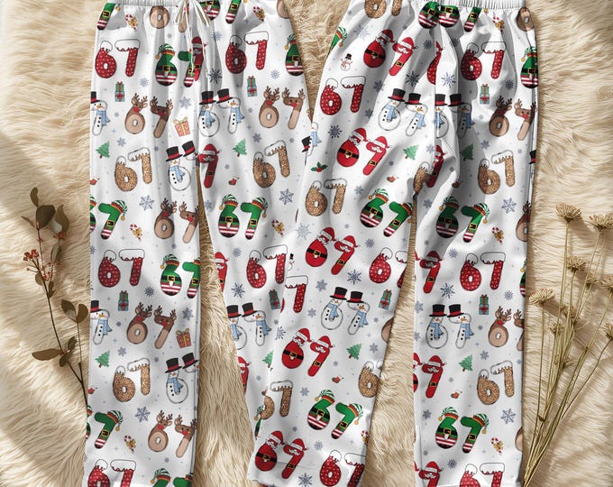 67 Christmas Pajamas Pants,  Six Seven Meme Sleep Pants,  Funny Christmas 67 Pajama Outfit, Family Holiday Sleepwear Set