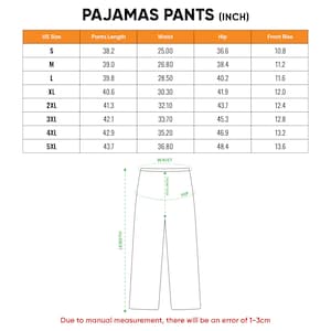 May include: A size chart for pajamas pants with the title PAJAMAS PANTS (INCH). The table lists US sizes from S to 5XL with corresponding measurements in inches for pants length, waist, hip, and front rise. A line drawing shows how to measure.
