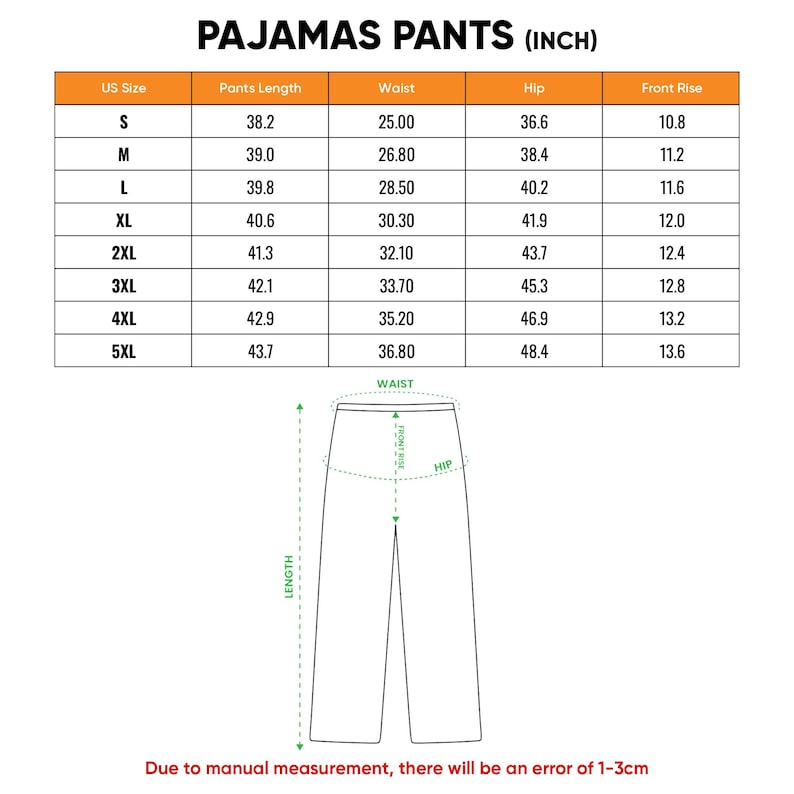 May include: A size chart for pajamas pants with the title PAJAMAS PANTS (INCH). The table lists US sizes from S to 5XL with corresponding measurements in inches for pants length, waist, hip, and front rise. A line drawing shows how to measure.