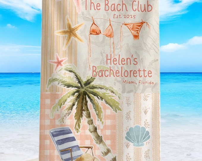 Featured listing image: Custom Bridal Bachelorette The Bach Club Beach Towel, Personalized Beach Towel for Bachelorette Party, Gifts for Beach Group, Girl Trip