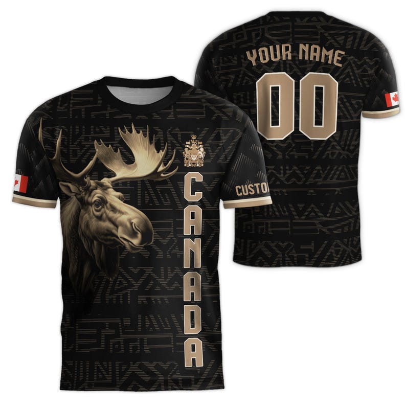 May include: Black and gold t-shirt with a moose graphic and the word "CANADA" printed vertically down the right side. The back of the shirt has a gold number "00" and the text "YOUR NAME".