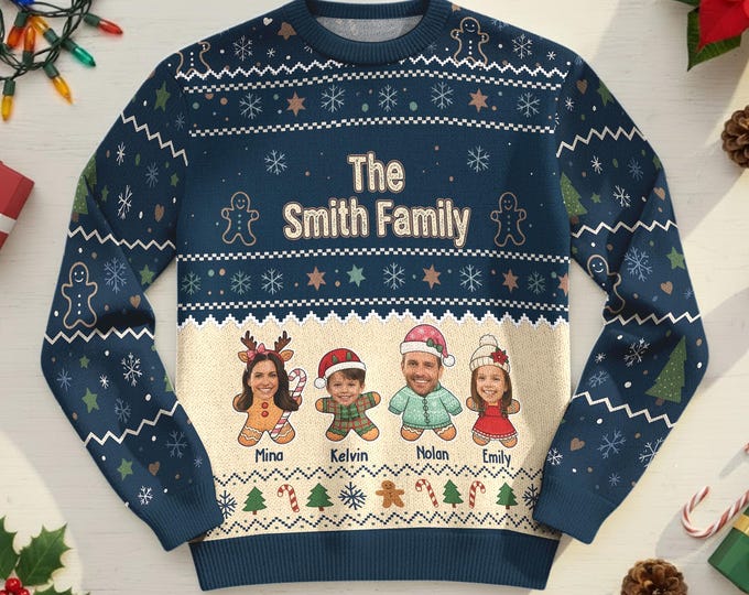 Custom Face Gingerbread Family Sweater, Ugly Christmas Sweater For Men Women, Personalized Photo Gingerbread Sweatshirt, Funny Family Gifts