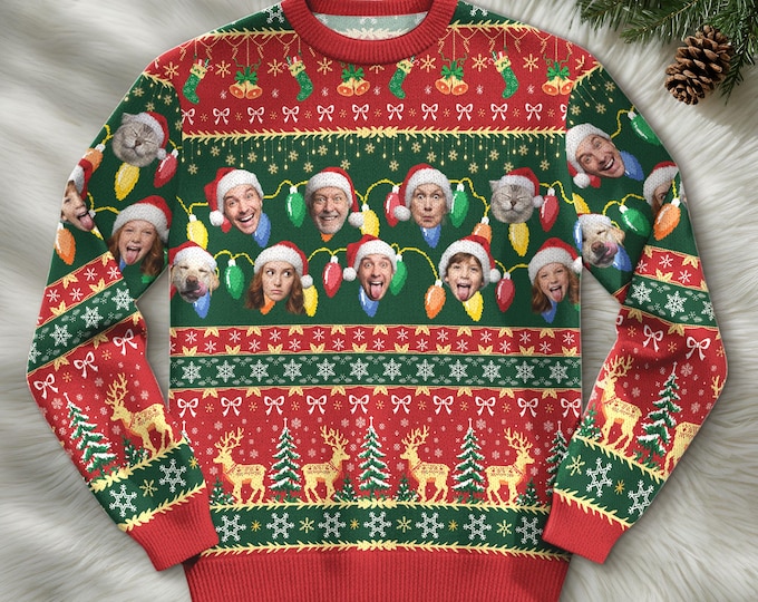 Custom Face Ugly Christmas Sweater For Men Women, Personalized Matching Family Sweatshirt with Photo, Funny Christmas Jumper Trending 2025