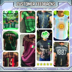 May include: A collage of soccer jerseys in various colors and designs. The jerseys feature the flags and emblems of Mexico, Argentina, and Brazil. Some jerseys have player names and numbers. The image also includes a birthday banner and customer feedback.