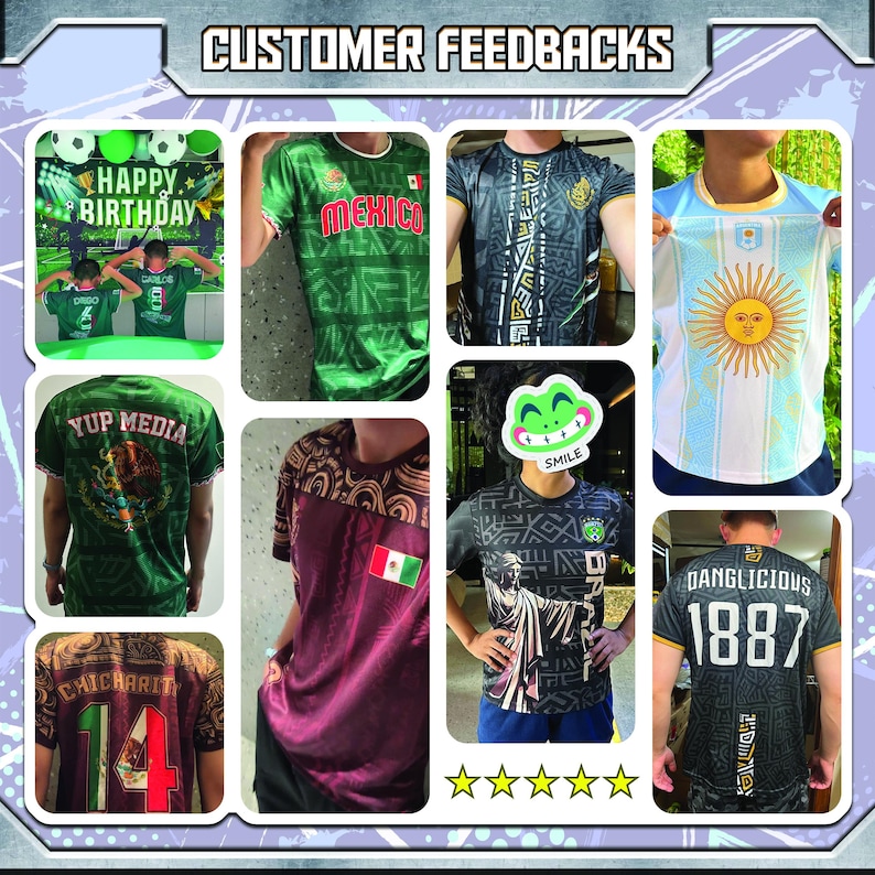 May include: A collage of soccer jerseys in various colors and designs. The jerseys feature the flags and emblems of Mexico, Argentina, and Brazil. Some jerseys have player names and numbers. The image also includes a birthday banner and customer feedback.