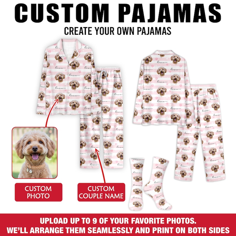 Spersonalizowana piżama ze zdjęciem dla zwierząt, spersonalizowana piżama dla zwierząt, pasujące ubranie rodzinne, uroczy prezent dla miłośnika zwierząt, spersonalizowany zestaw spodni piżamowych zdjęcie 2