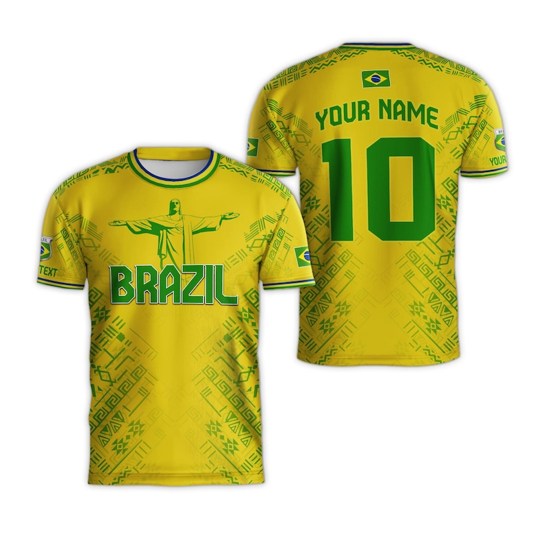 May include: Yellow Brazil soccer jersey with green accents. The front features the word "BRAZIL" and an image of Christ the Redeemer. The back displays the number 10 and the option to add a name. The jersey has a green and blue collar.