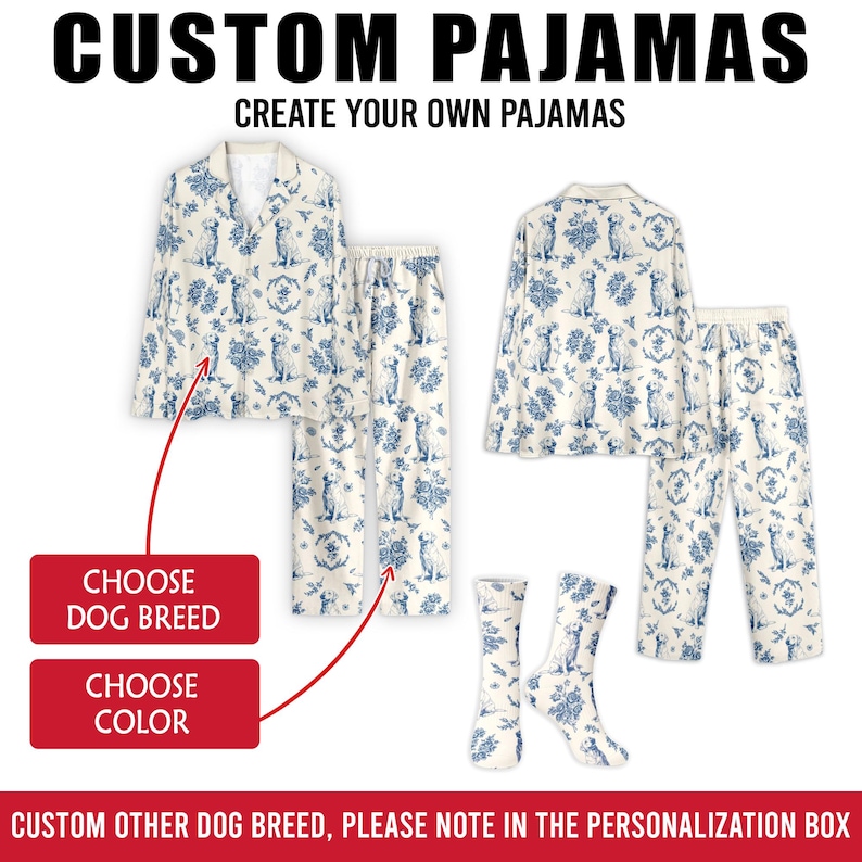 K&ouml;nnte beinhalten: Individuelles Pyjama-Set in Creme und Blau mit Hundeaufdruck. Das Set beinhaltet ein Hemd mit Kn&ouml;pfen, eine Hose und Socken. Der Text "CUSTOM PAJAMAS" und "CREATE YOUR OWN PAJAMAS" ist oben zu sehen. Kn&ouml;pfe mit "CHOOSE DOG BREED" und "CHOOSE COLOR".