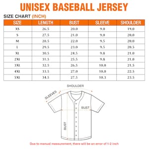 May include: A size chart for a unisex baseball jersey, with measurements in inches. The chart includes sizes XS to 5XL, detailing length, bust, sleeve, and shoulder dimensions. A diagram illustrates the measurement points on the jersey.