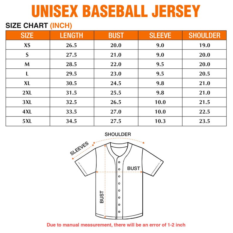 May include: A size chart for a unisex baseball jersey, with measurements in inches. The chart includes sizes XS to 5XL, detailing length, bust, sleeve, and shoulder dimensions. A diagram illustrates the measurement points on the jersey.