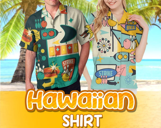 Bowling Shirts For Men, Mens Bowling Shirts, Bowling Shirts Retro, Hawaiian Shirt For Men Women, Neon Bowling Hawaiian Shirt, Bowling Game