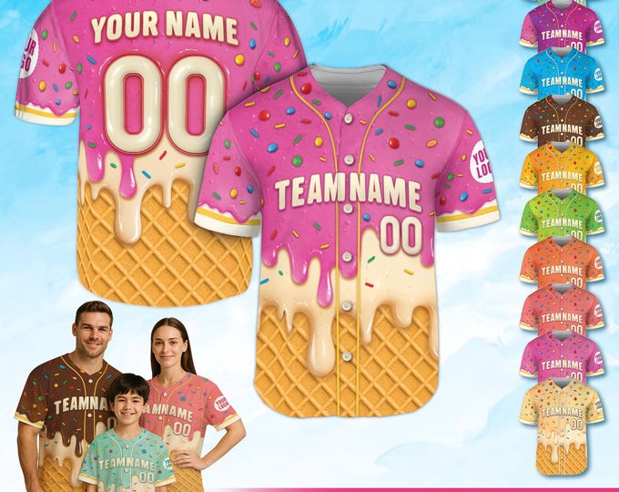 Personalized Ice Cream Baseball Jersey for Men Women Youth Kid, Custom Sprinkle Drip Matching Family Shirt, 2025 Summer Trending Outfit