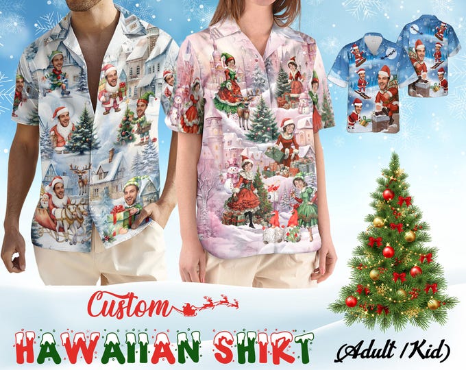 Custom Santa Hawaiian Shirt With Face, Personalized Christmas Hawaiian Shirt, Secret Xmas Gifts for Men Women, Christmas Matching Shirts