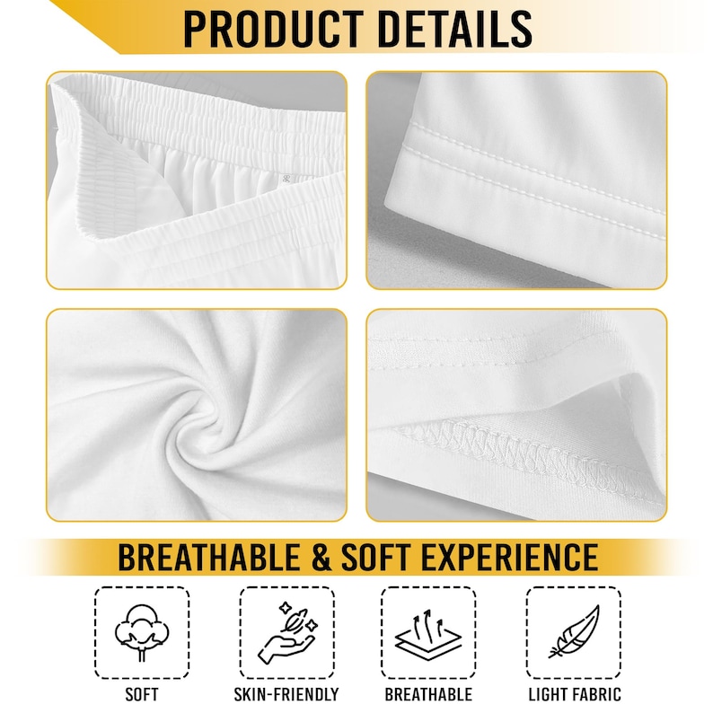 K&ouml;nnte beinhalten: Nahaufnahmen von wei&szlig;en Stoffdetails. Das Bild zeigt Abschnitte des Materials, einschlie&szlig;lich Bund, N&auml;hten und Textur. Der Text unten lautet "BREATHABLE & SOFT EXPERIENCE" mit Symbolen f&uuml;r weich, hautfreundlich, atmungsaktiv und leichter Stoff.