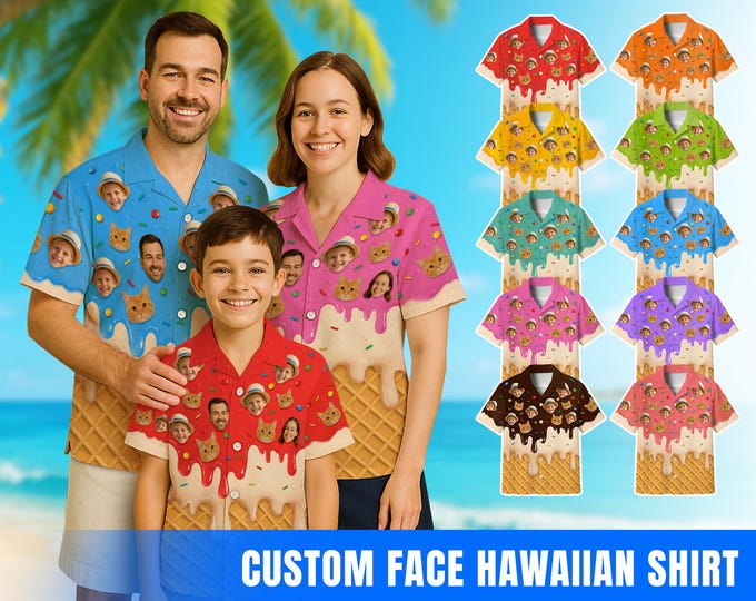 Personalized Hawaiian Shirt With Face, Ice Cream Shirts, Funny Customize Face for Pet Men Women, Funny Summer Beach Party Hawaii Shirt