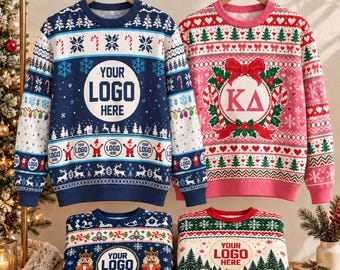 May include: Four long-sleeved jumpers with festive patterns. The top left is blue with 'YOUR LOGO HERE' text. The top right is pink with a wreath and 'KΔ' text. The bottom left is blue with nutcrackers. The bottom right is white with 'YOUR LOGO HERE' text.