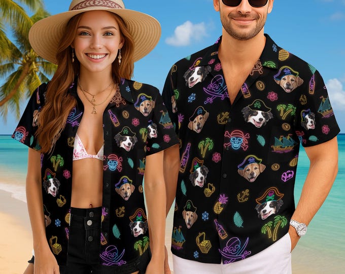Custom Pirate Hawaii Shirt For Men, Neon Shirts For Men, Personalized Gift For Pirate Lovers, Skull Pirate Mens Hawaiian Shirts