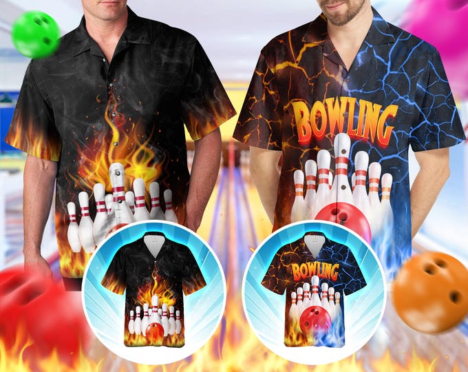 Bowling Shirts For Men, Mens Bowling Shirts, Bowling Shirts Retro, Hawaiian Shirt For Men Women, Neon Bowling Hawaiian Shirt, Bowling Game