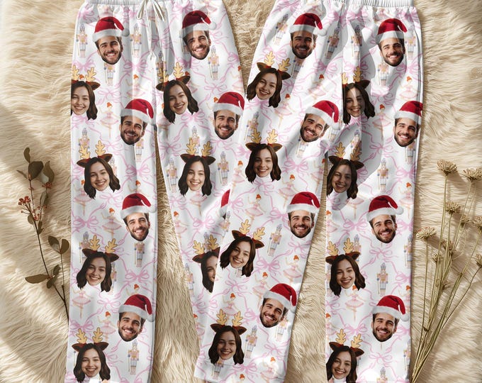 Custom Photo Pajamas, Funny Christmas Pajamas, Couple Holiday Lounge Set, Custom Pajamas With Faces, Cozy Cotton Pajama Pants
