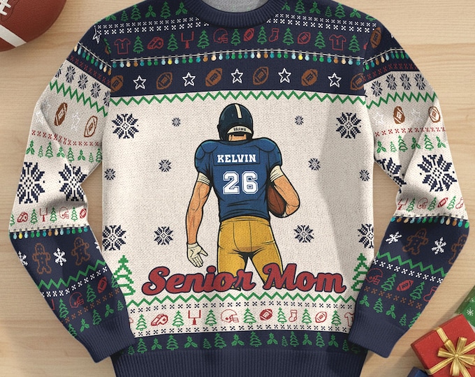 Custom Senior Football Ugly Christmas Sweater, Ladies Christmas Jumpers for Football Mom, Tis The Season Football Sweatshirt, Game Day Gift