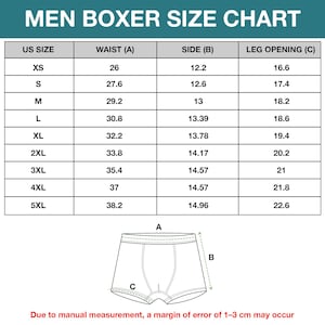 May include: A boxer size chart featuring a table with US sizes from XS to 5XL, listing waist, side, and leg opening measurements in inches. Below the table is a line drawing of boxers labeled A, B, and C, with a note about a 1-3 cm margin of error.