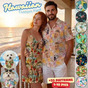 Könnte beinhalten: Ein Mann und eine Frau stehen zusammen, beide in individuellen hawaiianischen Hemden. Der Mann trägt ein kurzärmeliges Hemd mit Blumenmuster und aufgedruckten Gesichtern. Die Frau trägt ein passendes Kleid. Der Text "Hawaiian Custom Face" steht oben.