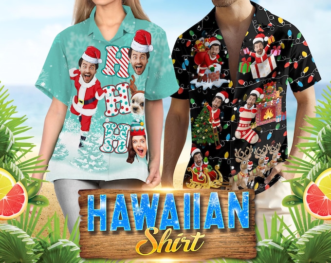 Custom Winter Hawaiian Shirt With Face, Personalized Santa Claus Hawaiian Shirt For Men Women, Secret Merry Christmas Gifts