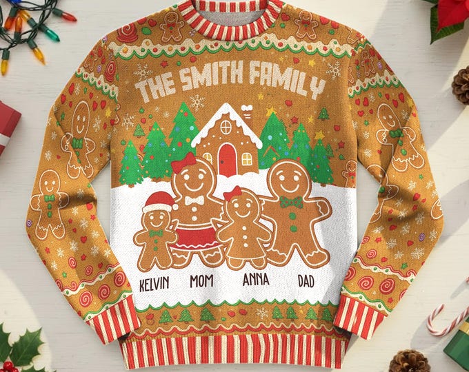 Custom Gingerbread Family Sweater, Ugly Christmas Sweater For Men Women, Personalized Name Gingerbread Sweatshirt, Funny Family Hodiday Gift