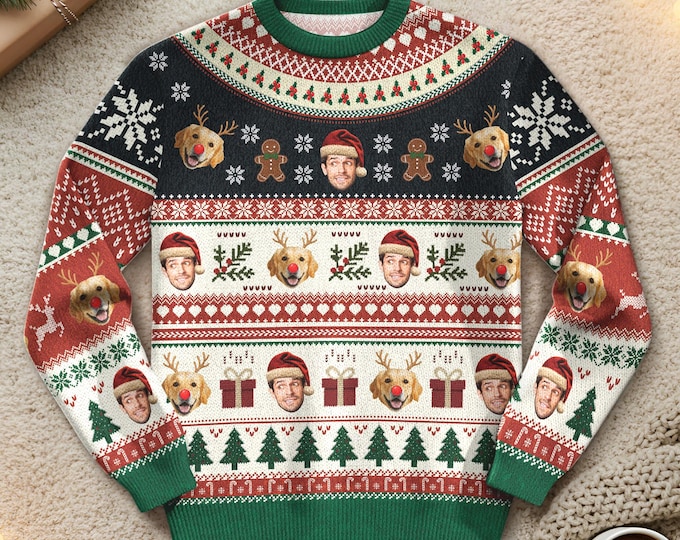 Custom Face Family Christmas Sweater for Men, Women & Kids, Custom Pet Ugly Sweatshirt with Photo, Funny Christmas Jumper Trending Holiday