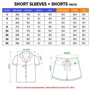 May include: A size chart for a short sleeve shirt and shorts set, featuring a table with US sizes S through 5XL and corresponding measurements in inches. Below the table are line drawings of a button-down shirt and shorts with arrows indicating measurement points for length, shoulder, sleeve, bust, waist, and hip.