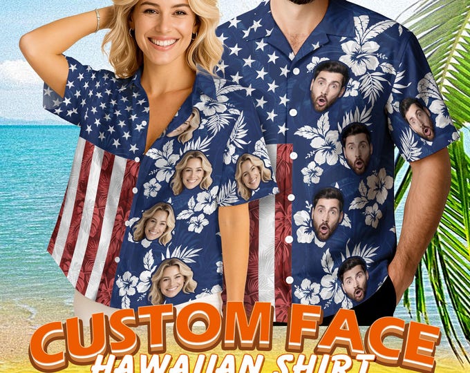 Custom Hawaiian Shirt With Photo, Tropical Pattern Shirt For Men Women, Summer Gifts, Pet Dog Face Shirt, Personalized American Flag Shirt
