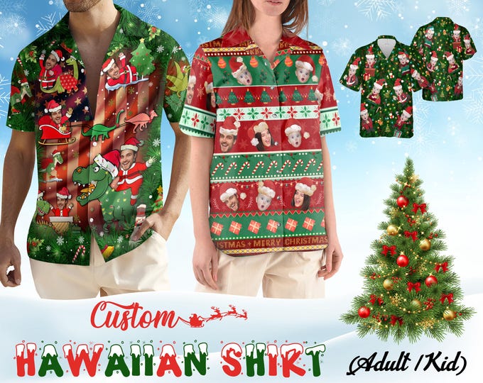 Custom Santa Hawaiian Shirt With Face, Personalized Christmas Hawaiian Shirt, Secret Xmas Gifts for Men Women, Christmas Matching Shirts