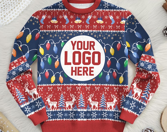 Custom Logo Ugly Sweater, Personalized Company Xmas Sweatshirt, Funny Christmas Jumpers for Men & Women, Business Logo Matching Gift Team