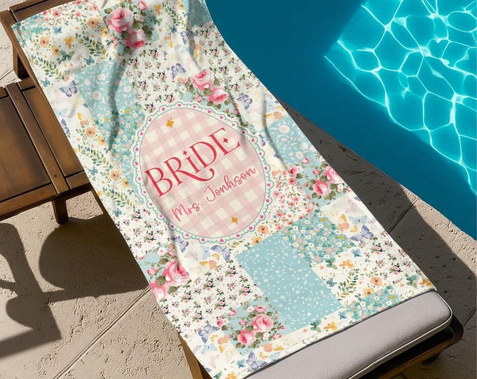Custom Name Bride Beach Towel, Personalized Bride Beach Towel, Bachelorette Pool Towel, Vacation Gift, Wedding Beach Towel, Mrs. Beach Towel