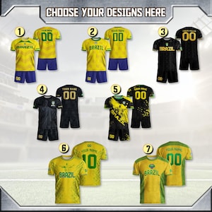 May include: A selection of Brazil soccer jerseys in various designs. The jerseys are primarily yellow, black, and green, with blue shorts. Each jersey has a number and the word "BRAZIL" printed on it. The text "CHOOSE YOUR DESIGNS HERE" is at the top.