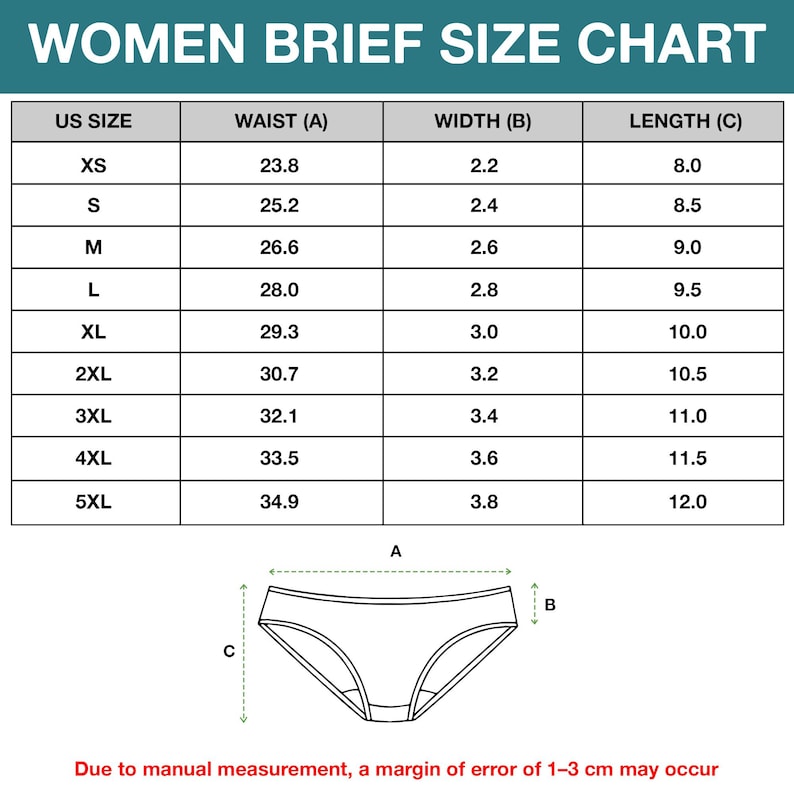 May include: A size chart for briefs with a teal header reading WOMEN BRIEF SIZE CHART. The table lists US sizes from XS to 5XL with corresponding waist, width, and length measurements. A diagram shows a brief with labels A, B, and C.