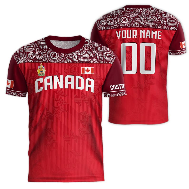May include: Red and white short-sleeved jersey with a Canadian flag and the word "CANADA" printed on the front. The jersey has a white and red patterned design on the sleeves and collar. The back of the jersey has a white number "00" and the text "YOUR NAME" printed on it.