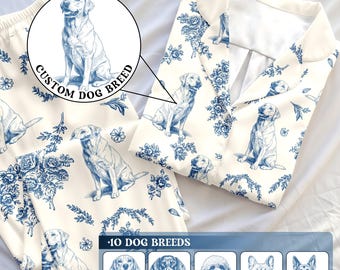 Anpassad Toile de Jouy-pyjamas för hundar, pyjamas i cottagecore-stil, pyjamasmönster med hundtryck, unika husdjursgåvor för ägare