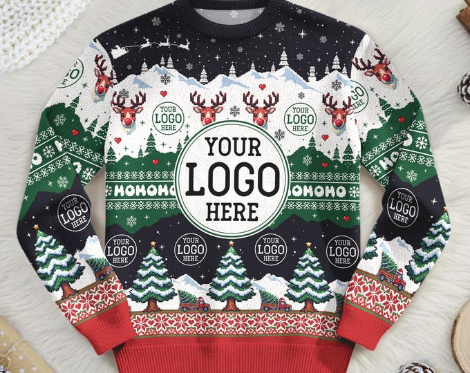 Custom Logo Ugly Sweater, Personalized Company Xmas Sweatshirt, Funny Christmas Jumpers for Men & Women, Business Logo Matching Gift Team