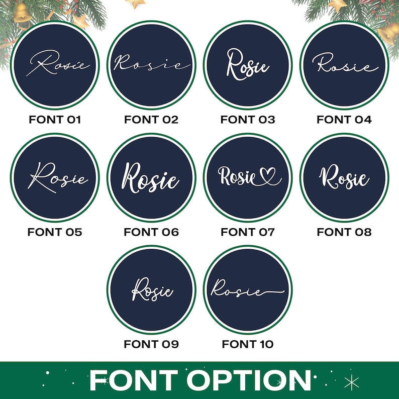 Może przedstawiać: Zbi&oacute;r dziesięciu okrągłych wzor&oacute;w z imieniem "Rosie" w r&oacute;żnych czcionkach. Każdy wz&oacute;r to granatowe koło z białą obw&oacute;dką i białym tekstem. Pod każdym projektem znajduje się tekst "FONT" i numer. Na dole widnieje napis "FONT OPTION".